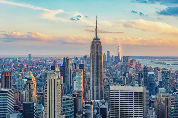 A towering skyscraper view of the Manhattan skyline in New York City, USA.